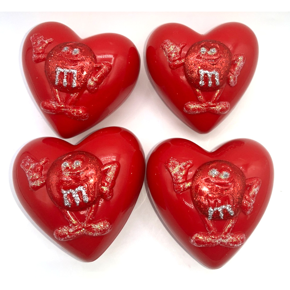 M&M Valentine Red Heart Shaped Candy Boxes Plastic Container Set of 4 Bling OOAK